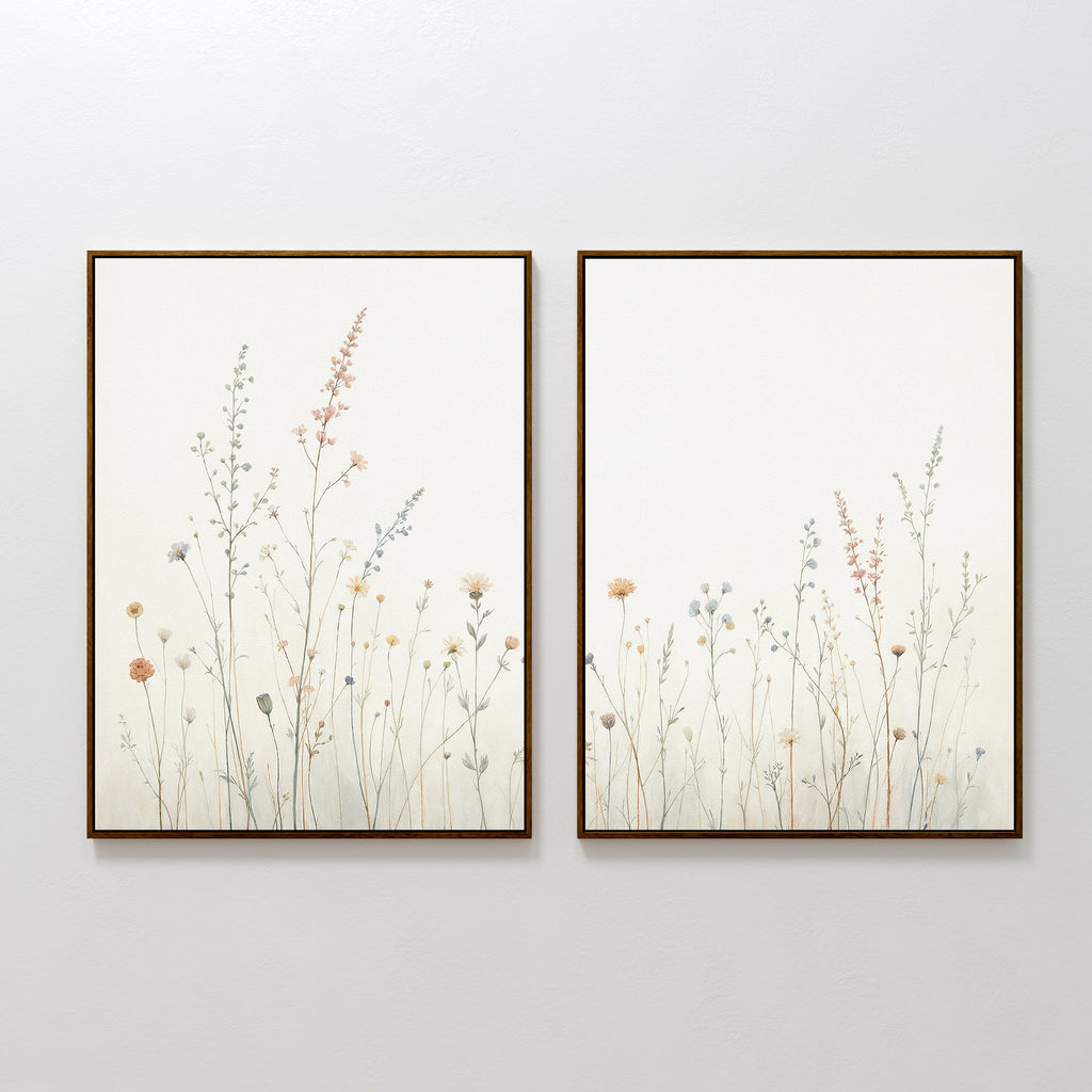 The Wildflower Dreams - Set of 2 features delicate botanical canvas prints with soft, muted tones on white backgrounds, displayed side by side for a serene, Nordic park-inspired look.
