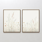The Wildflower Dreams - Set of 2 features delicate botanical canvas prints with soft, muted tones on white backgrounds, displayed side by side for a serene, Nordic park-inspired look.