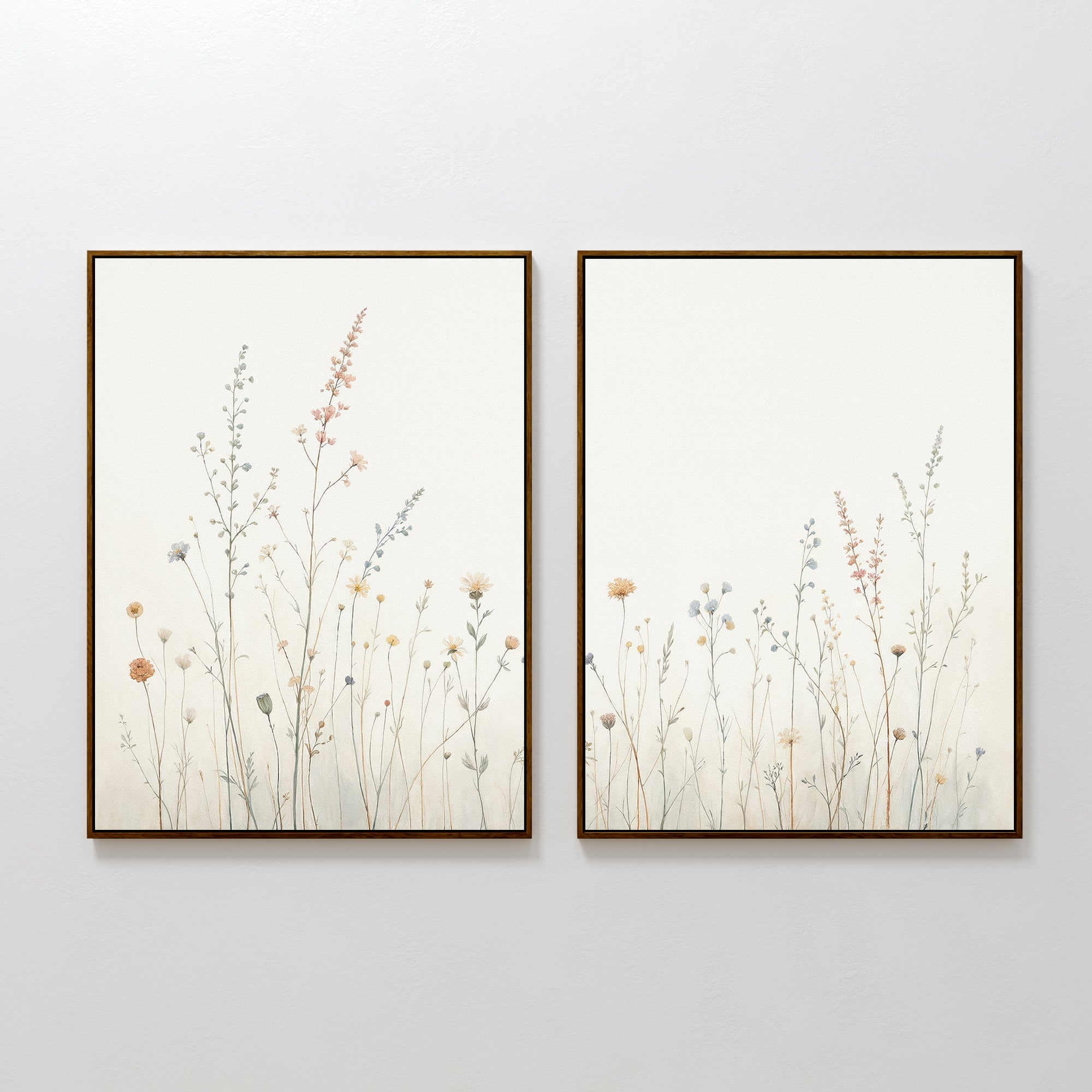 The Wildflower Dreams - Set of 2 features delicate botanical canvas prints with soft, muted tones on white backgrounds, displayed side by side for a serene, Nordic park-inspired look.