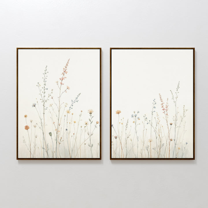 The Wildflower Dreams - Set of 2 features delicate botanical canvas prints with soft, muted tones on white backgrounds, displayed side by side for a serene, Nordic park-inspired look.