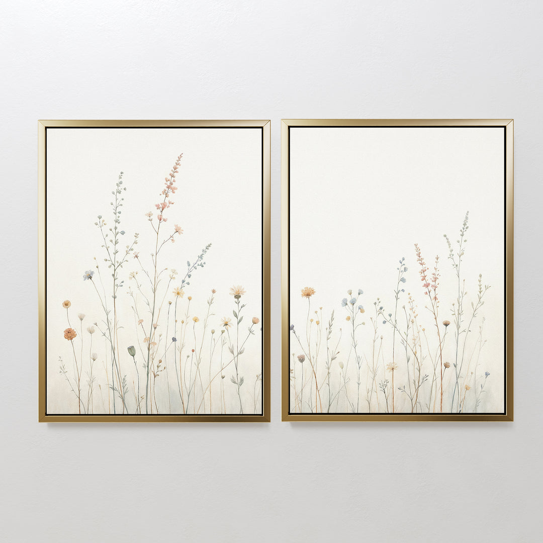 Wildflower Dreams - Set of 2 features framed botanical wall art prints with minimalist wildflower and grass illustrations on a light, neutral background—an ideal Nordic Park-inspired accent for your space.