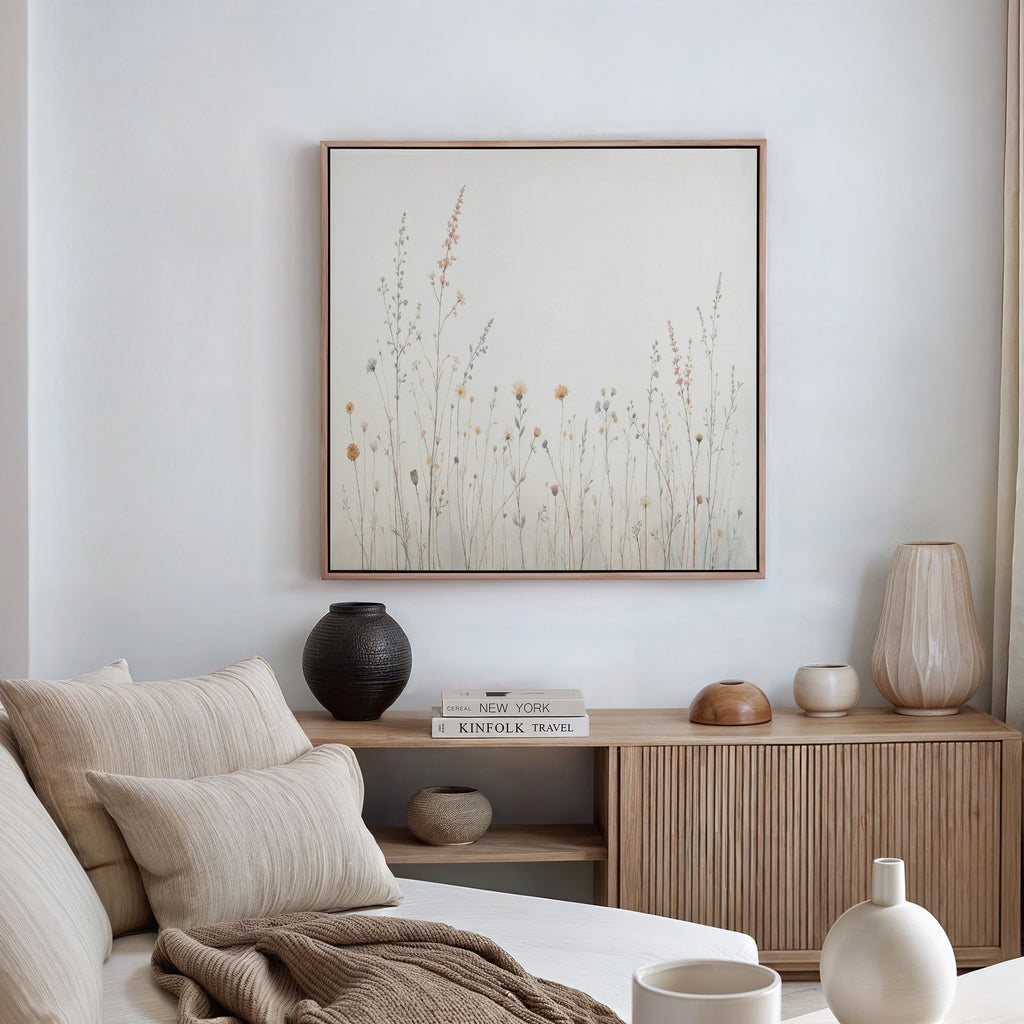 A cozy, neutral-toned living room features a beige sofa, striped and solid cushions, a wooden sideboard, decorative vases, and botanical wall art like the Wildflower Dreams Canvas Art - Square displayed on a crisp white wall.