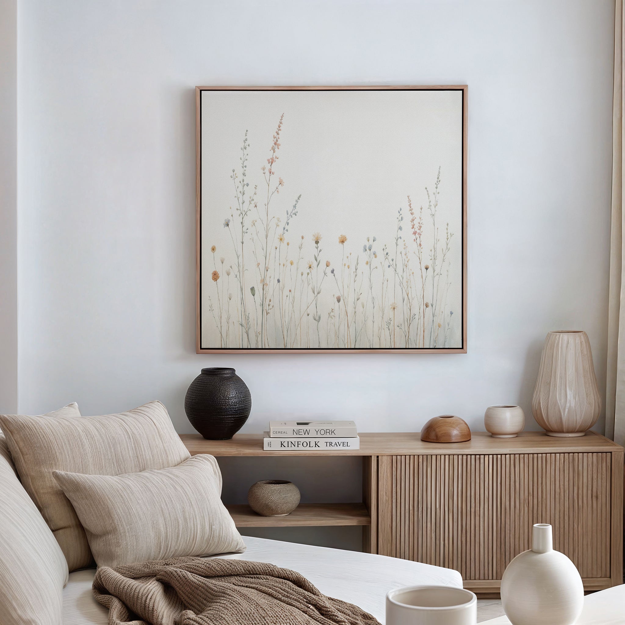 A cozy, neutral-toned living room features a beige sofa, striped and solid cushions, a wooden sideboard, decorative vases, and botanical wall art like the Wildflower Dreams Canvas Art - Square displayed on a crisp white wall.