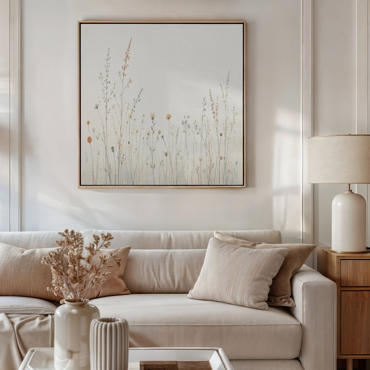 A neutral-toned living room features a beige sofa, matching cushions, a wooden side table with a cream lamp, and dried flowers in a vase. Above the sofa hangs Wildflower Dreams Canvas Art - Square, bringing nature into the minimalist space.