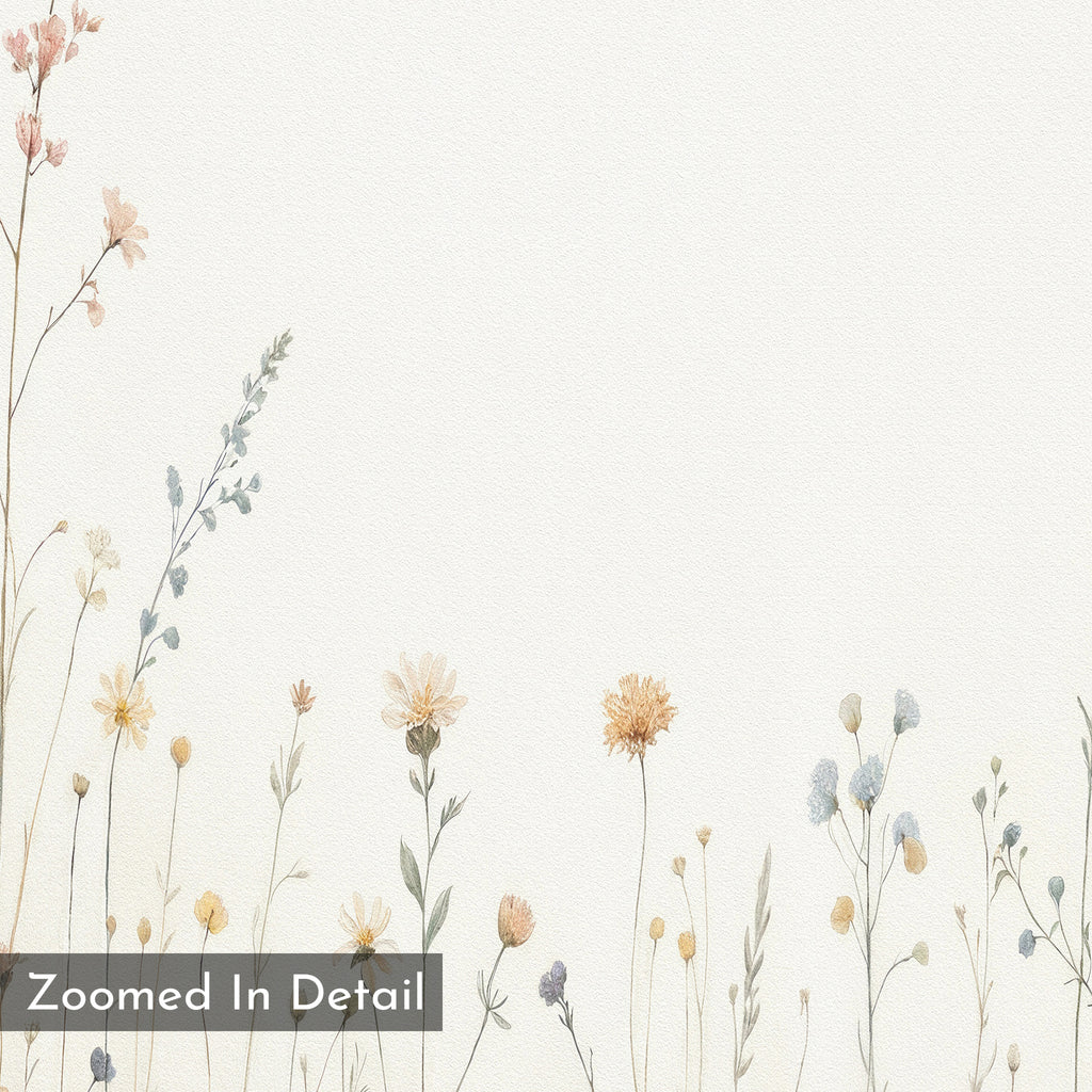 Delicate, pastel wildflowers and greenery bloom along the bottom of a textured white background on the Wildflower Dreams Canvas Art - Square. "Zoomed In Detail" appears in a translucent gray box in the lower left corner.