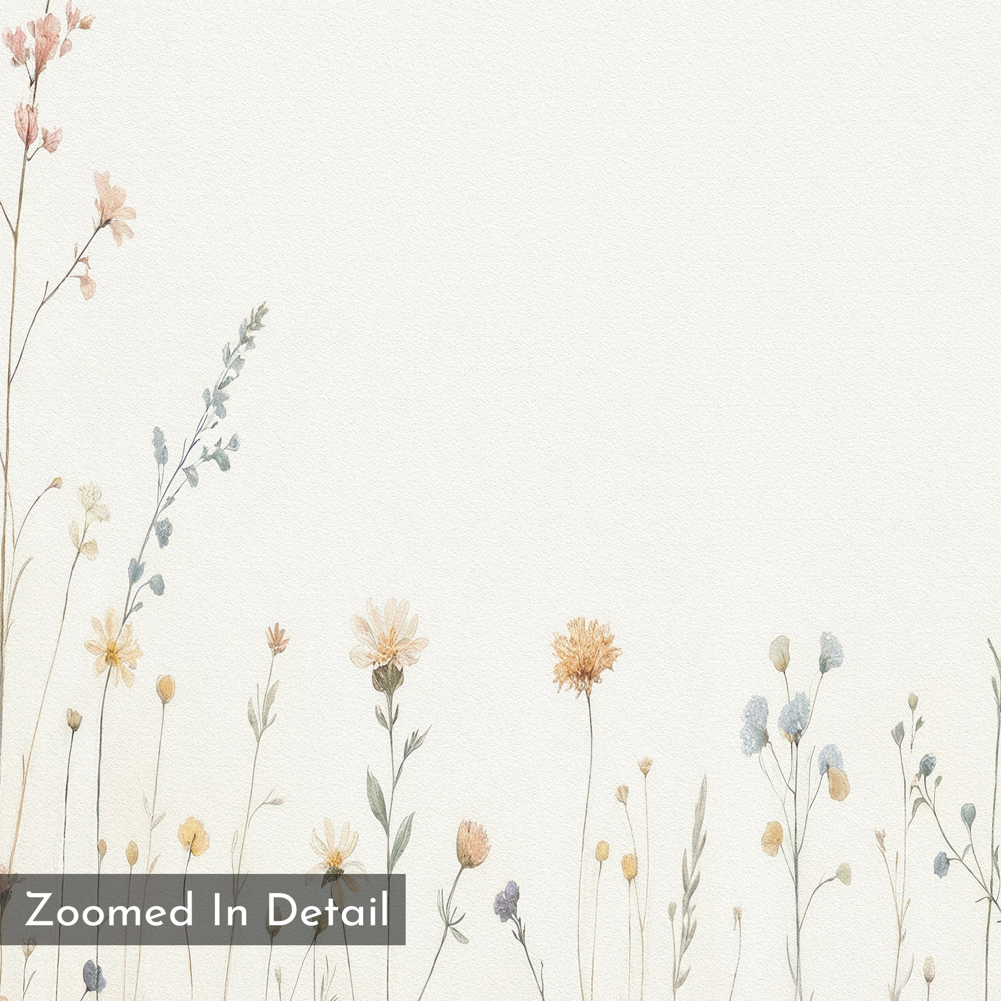 Delicate, pastel wildflowers and greenery bloom along the bottom of a textured white background on the Wildflower Dreams Canvas Art - Square. "Zoomed In Detail" appears in a translucent gray box in the lower left corner.