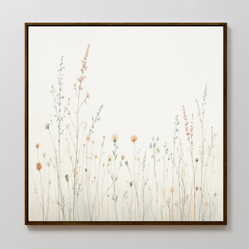 The Wildflower Dreams Canvas Art - Square features delicate pastel wildflowers and grasses with slender stems on a light, neutral background. This minimal, airy botanical piece adds a serene touch to any space.