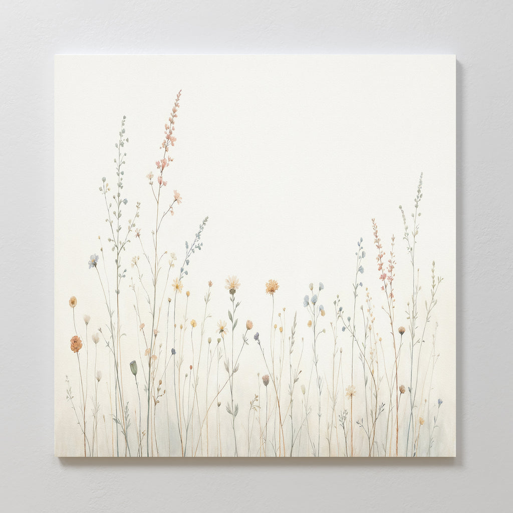 The Wildflower Dreams Canvas Art - Square showcases delicate pastel wildflowers and grasses on an off-white background with spacious negative space—ideal botanical wall art for a tranquil, Nordic Park-inspired setting.