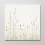 The Wildflower Dreams Canvas Art - Square showcases delicate pastel wildflowers and grasses on an off-white background with spacious negative space—ideal botanical wall art for a tranquil, Nordic Park-inspired setting.