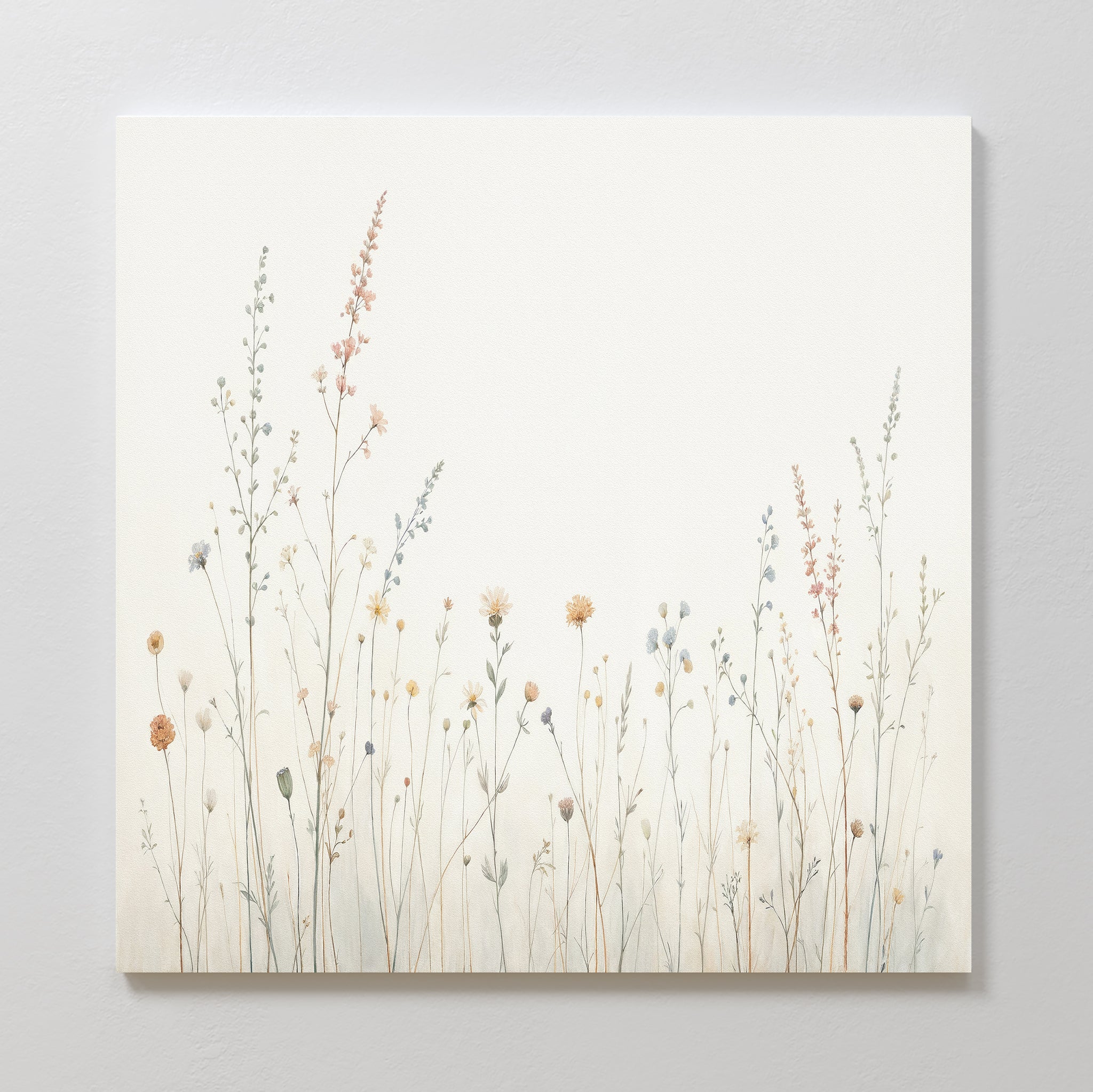 The Wildflower Dreams Canvas Art - Square showcases delicate pastel wildflowers and grasses on an off-white background with spacious negative space—ideal botanical wall art for a tranquil, Nordic Park-inspired setting.