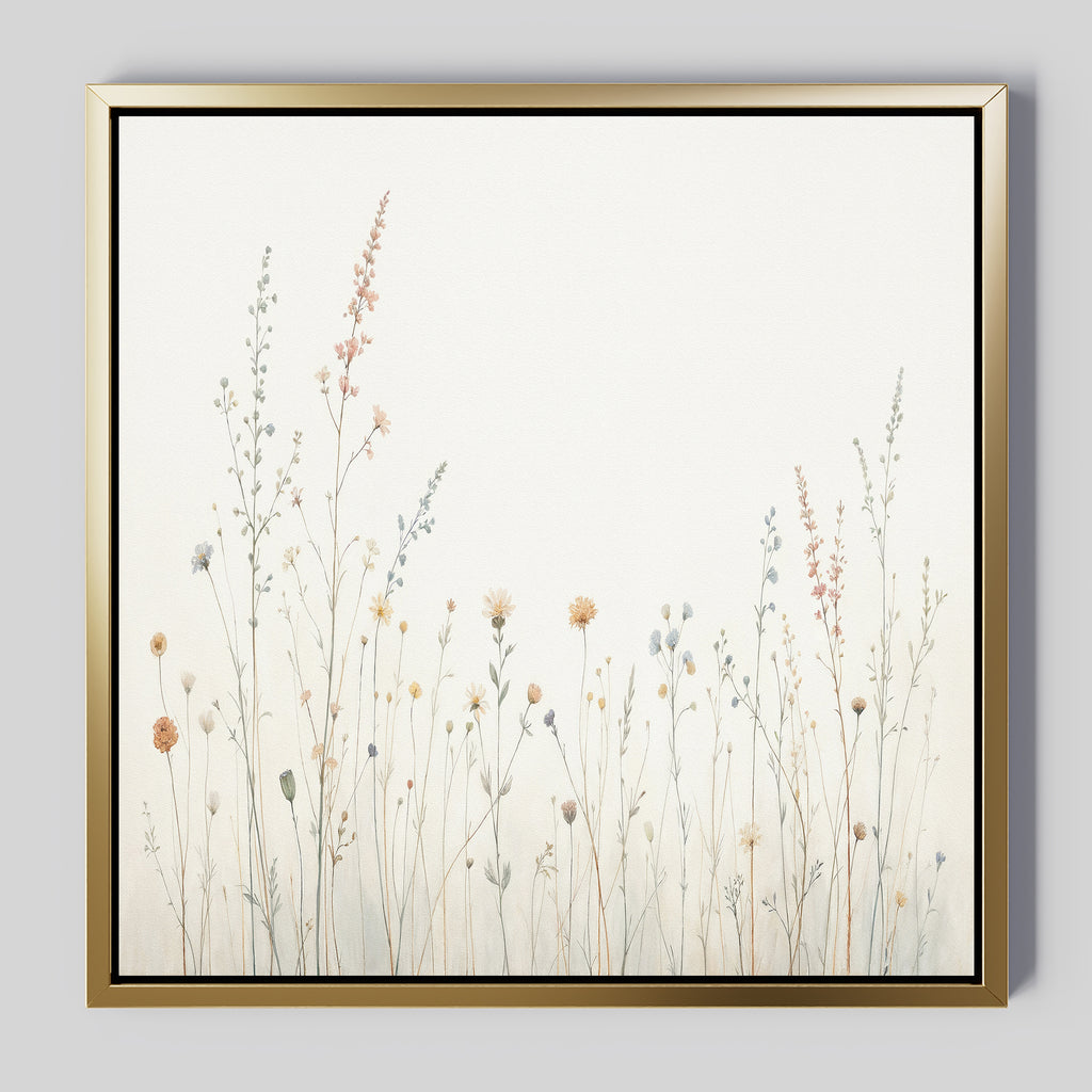 The Wildflower Dreams Canvas Art - Square showcases pastel wildflowers and grasses on an off-white background, elegantly framed in gold with a black inner edge—perfect for adding botanical charm to your wall.