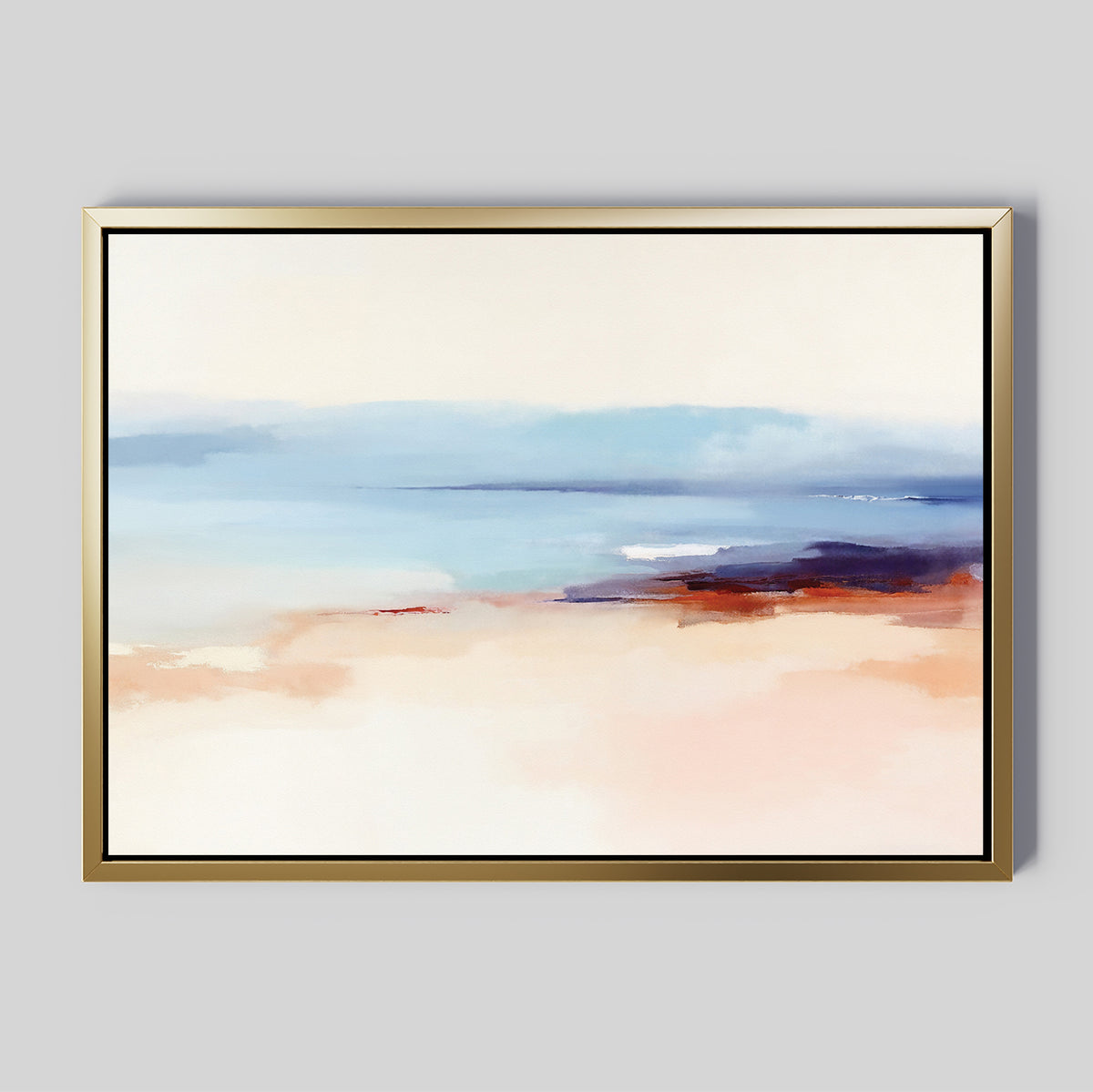 The Windswept Coastline Canvas Art - Horizontal features a serene abstract seascape in a gold frame, with soft blended blue, beige, peach, and purple tones on a light gray background.