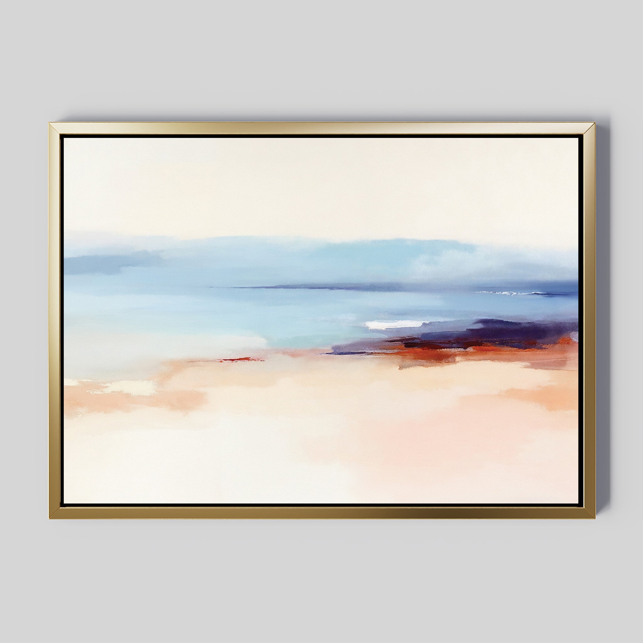 The Windswept Coastline Canvas Art - Horizontal features a serene abstract seascape in a gold frame, with soft blended blue, beige, peach, and purple tones on a light gray background.