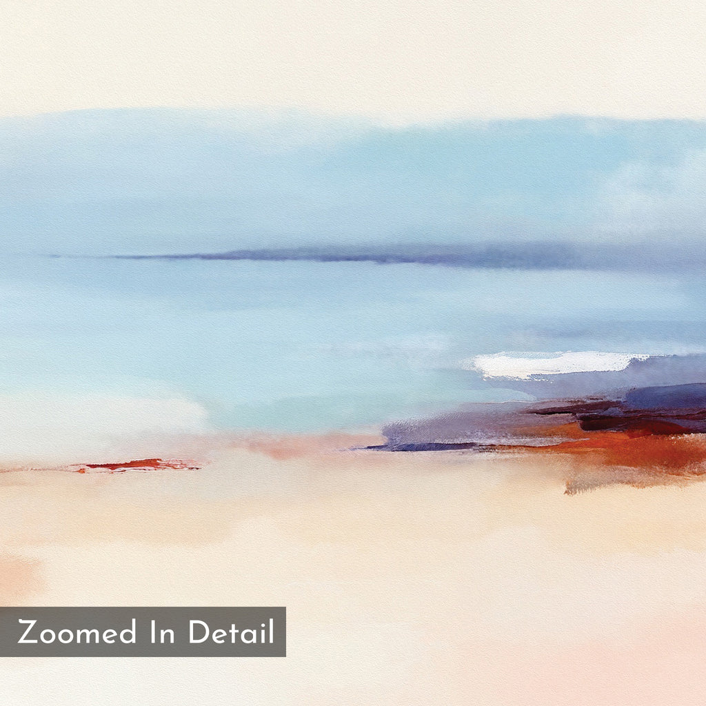The Windswept Coastline Canvas Art - Horizontal features soft blue, white, and mauve hues blending into sandy beige and rust-red tones. This serene coastal print has “Zoomed In Detail” overlay text in a gray box.