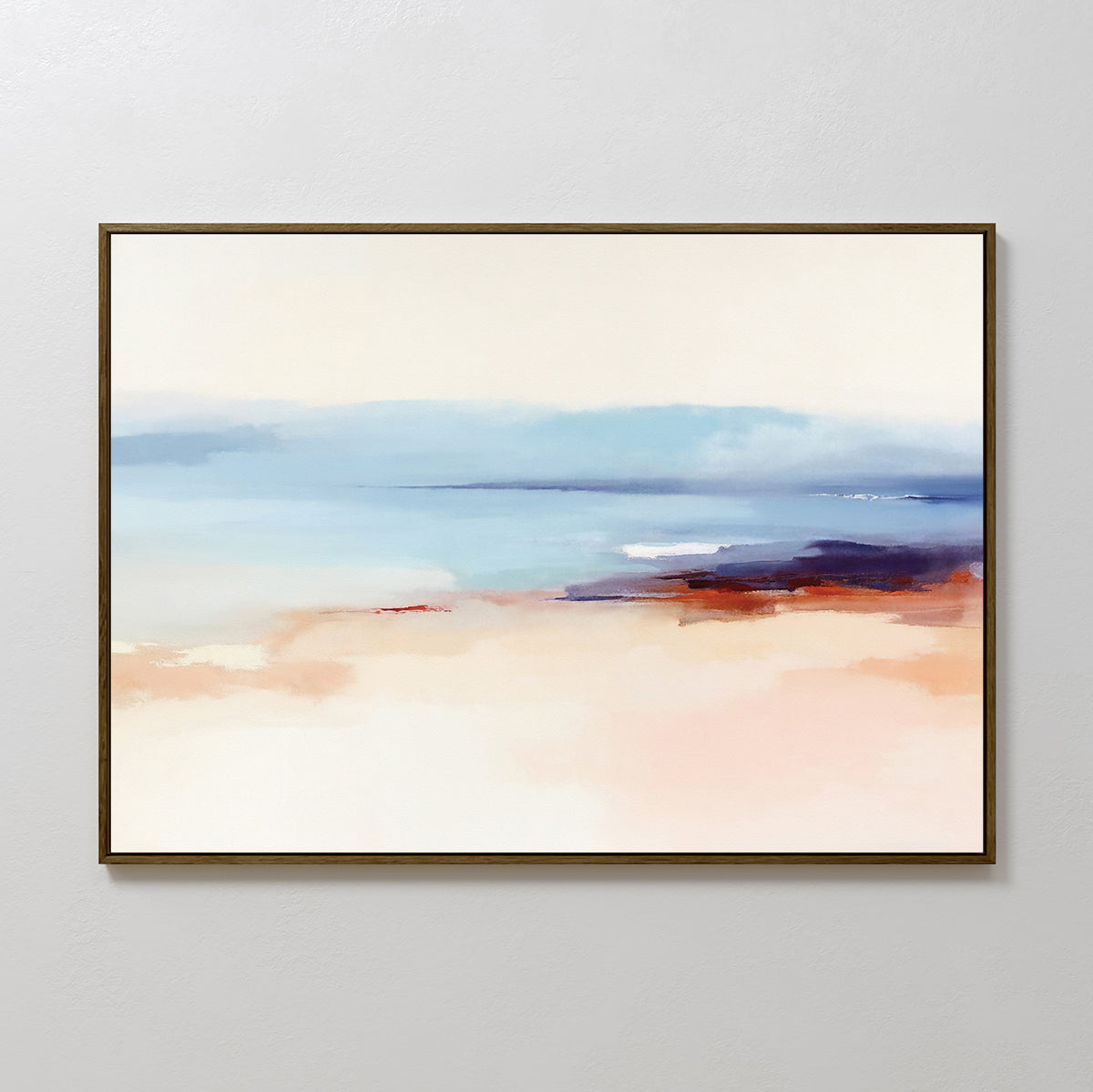 The Windswept Coastline Canvas Art - Horizontal features a simple frame with soft blended tones of pale blue, white, peach, and touches of purple and red, evoking serene coastal beauty and Nordic Park-inspired tranquility.