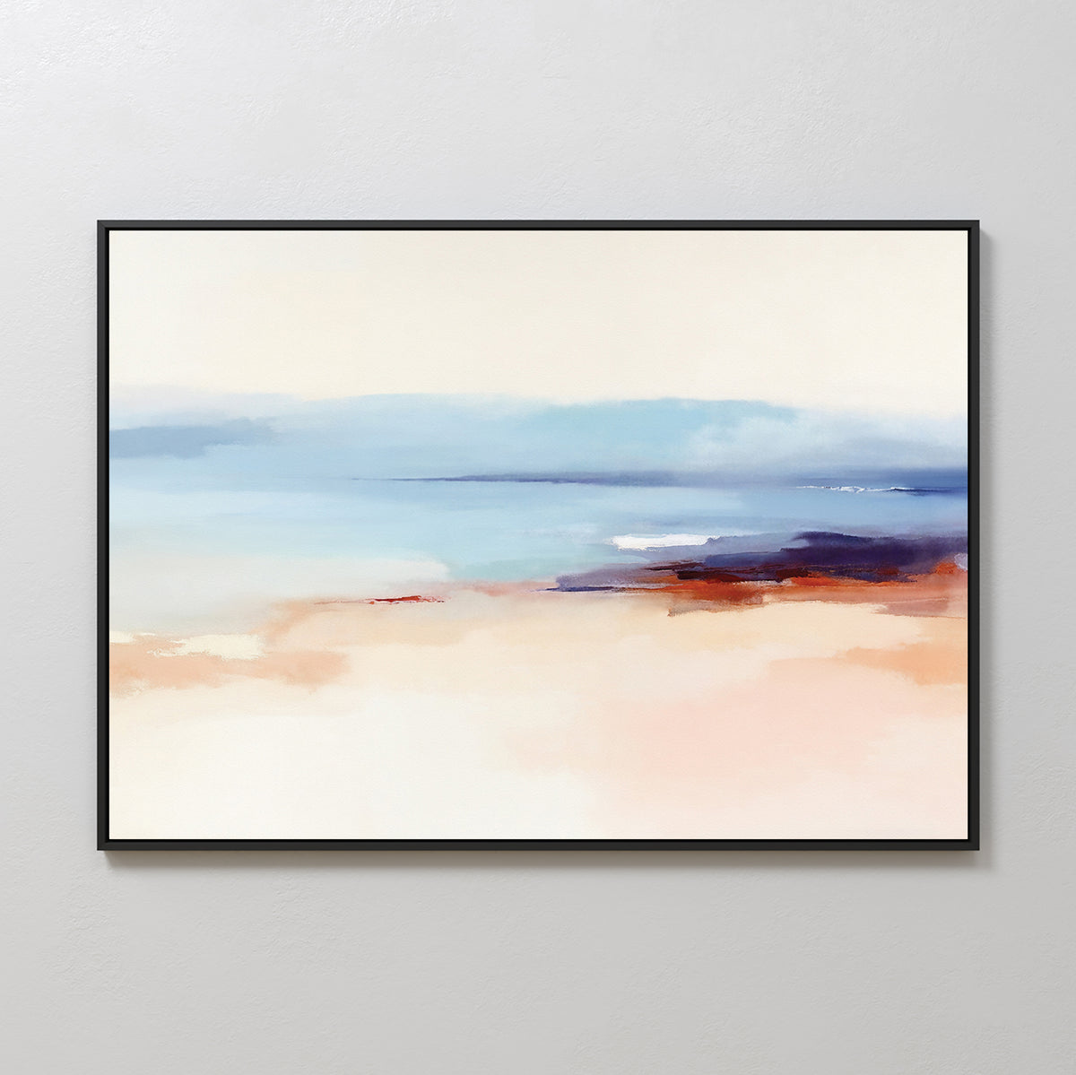 The Windswept Coastline Canvas Art - Horizontal features soft, blended colors like beige sand, blue water, and hints of dark blue and orange—ideal framed coastal wall art for a calm, inviting atmosphere.