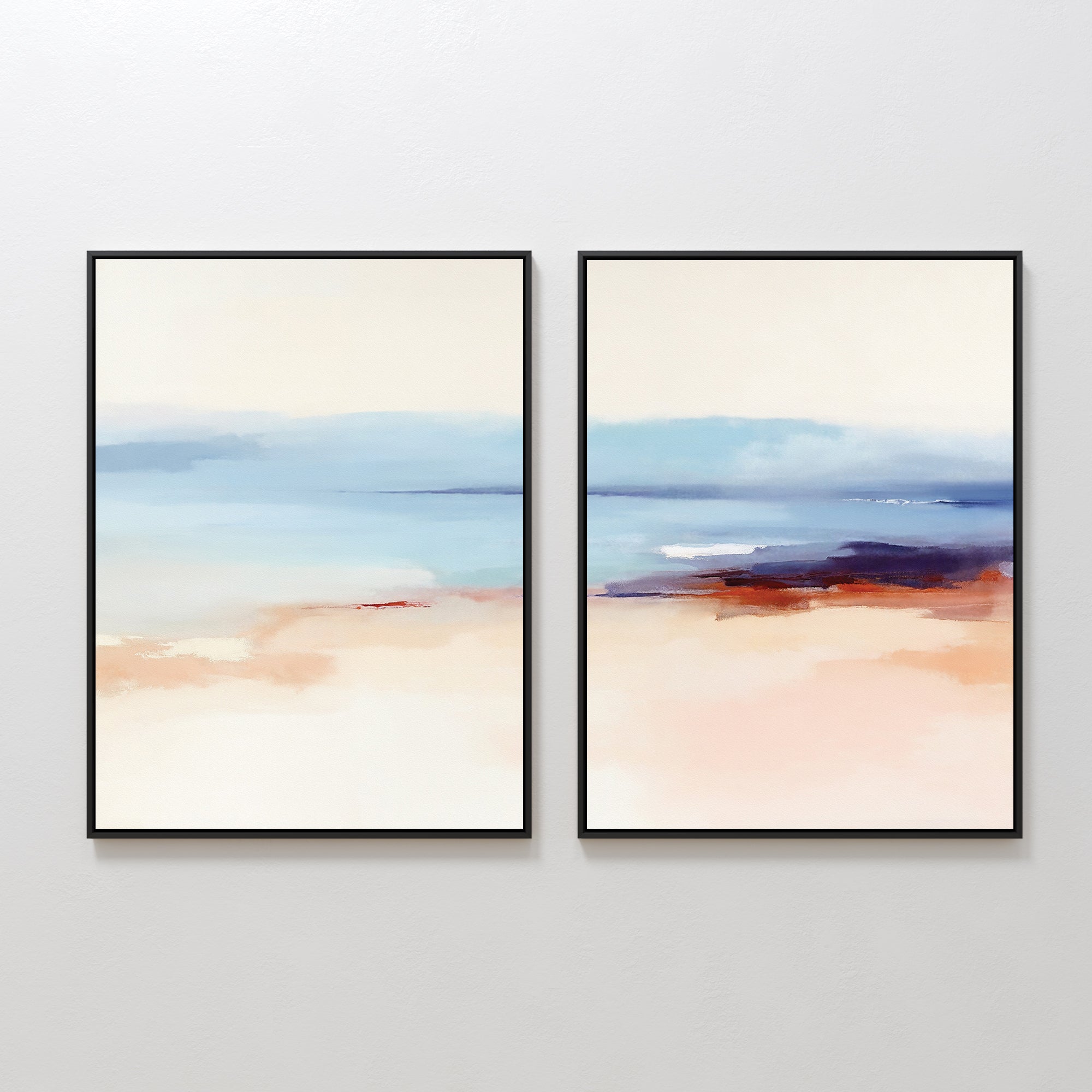 The Windswept Coastline - Set Of 2 features framed abstract prints in soft blues, creams, and sandy tones, evoking a tranquil shoreline. These calming coastal artworks create serene vibes as wall art for any space.