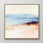 The Windswept Coastline Canvas Art - Square features a serene abstract landscape in soft blended pastels—blue, white, peach, brown, with hints of purple and red—framed in gold. Perfect for adding dreamy coastal wall art to your space.