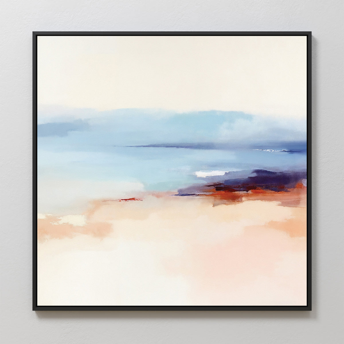 Windswept Coastline Canvas Art - Square showcases soft pastel blues, peaches, and beiges blending in a serene, abstract seascape. This coastal wall art features diffused colors and is elegantly framed with a slim black border.