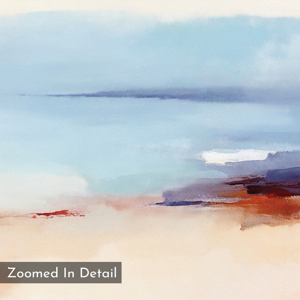 The Windswept Coastline Canvas Art - Square features soft blue, white, and brown watercolor brushstrokes blended to evoke a serene coastal scene. A “Zoomed In Detail” label appears in the bottom left corner.