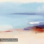 The Windswept Coastline Canvas Art - Square features soft blue, white, and brown watercolor brushstrokes blended to evoke a serene coastal scene. A “Zoomed In Detail” label appears in the bottom left corner.