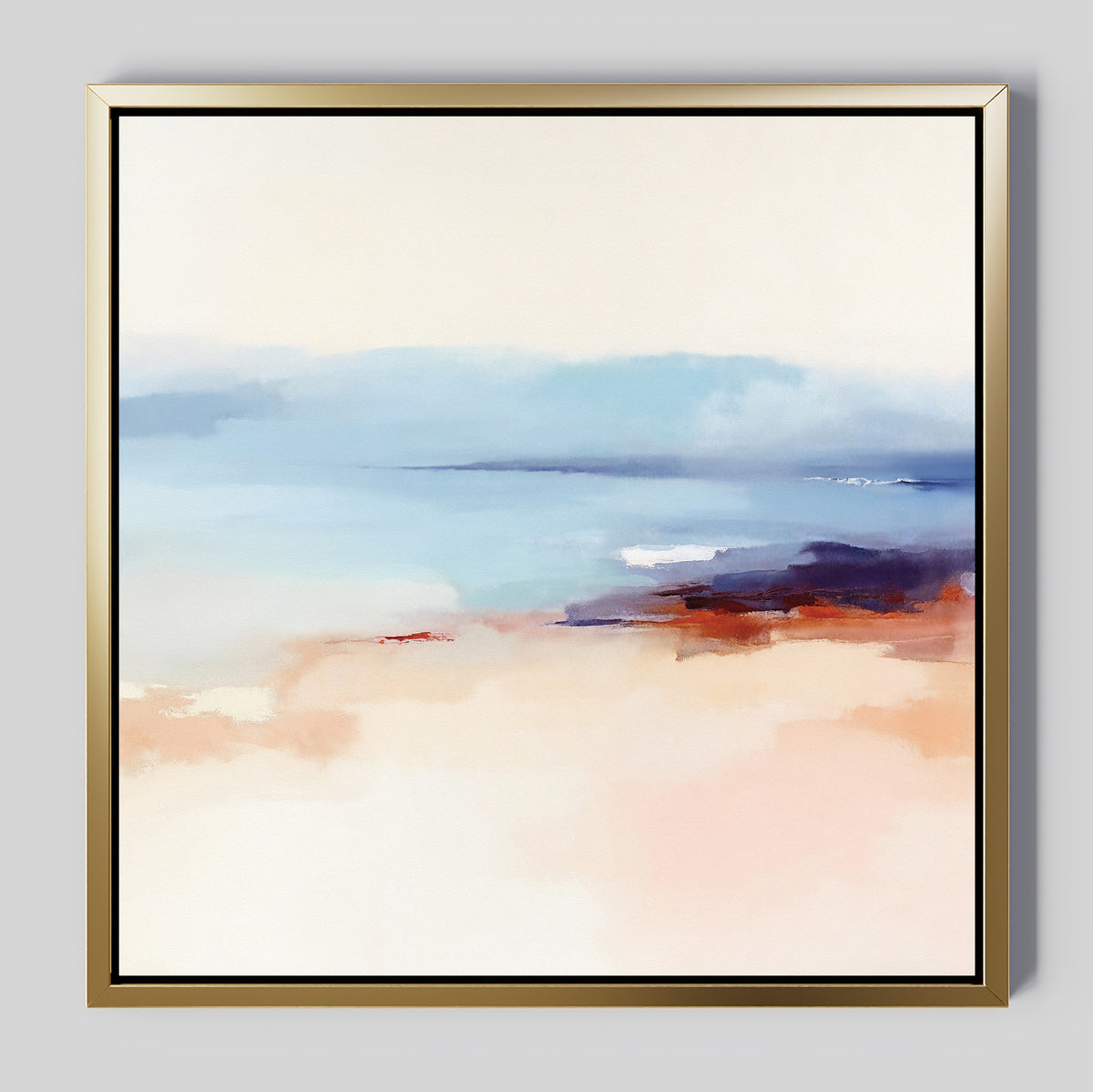 Windswept Coastline Canvas Art - Square: A serene abstract print in a gold frame with soft blue, white, peach, and purple tones. This tranquil, minimalist seascape is perfect coastal wall art for creating a calming atmosphere in any room.