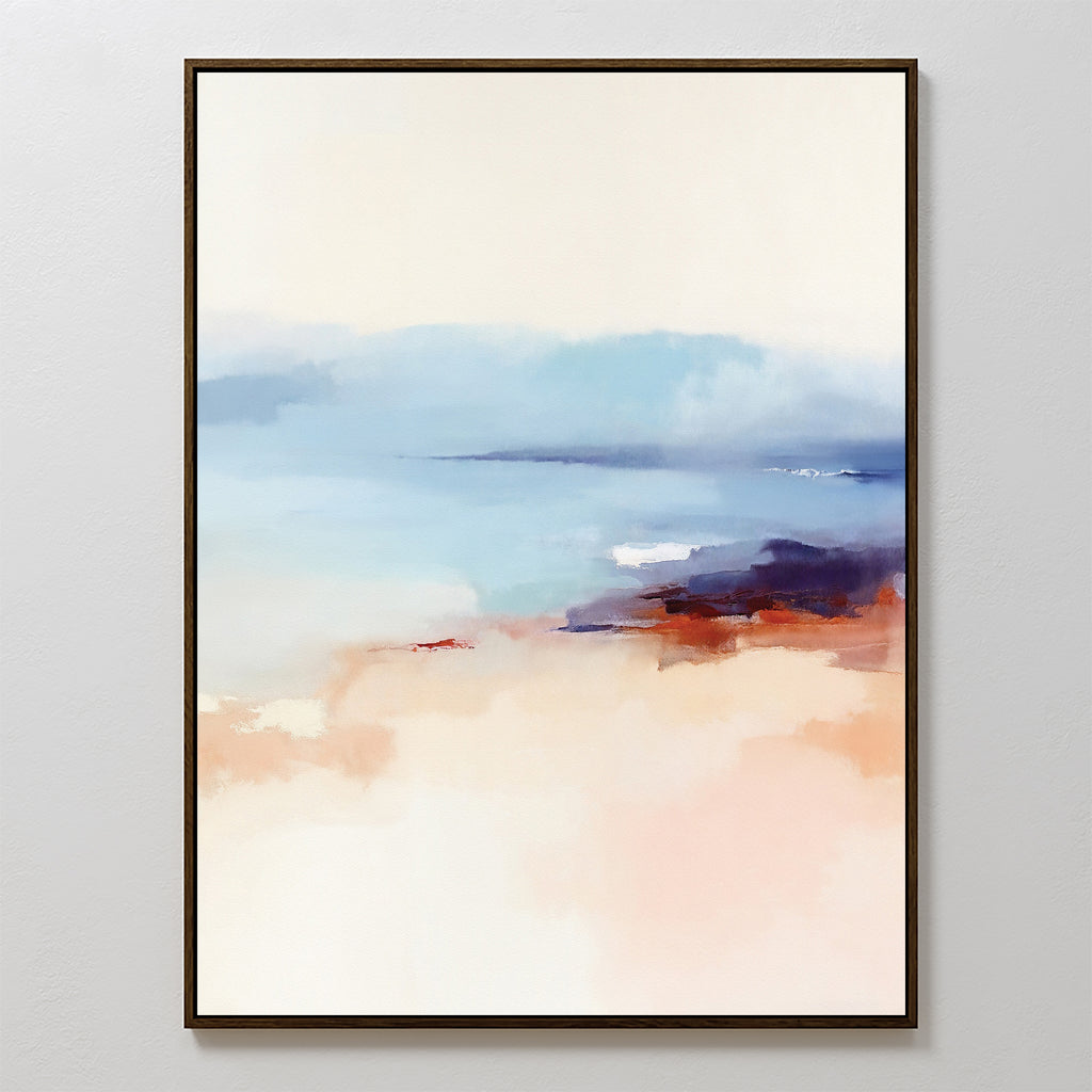 Windswept Coastline Canvas Art - Vertical features soft, blurred colors: pale blue and white on top evoke sky or water, while warm peach and brown tones below suggest a shoreline. Finished in a thin black frame for a serene coastal look.