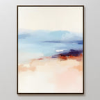 Windswept Coastline Canvas Art - Vertical features soft, blurred colors: pale blue and white on top evoke sky or water, while warm peach and brown tones below suggest a shoreline. Finished in a thin black frame for a serene coastal look.