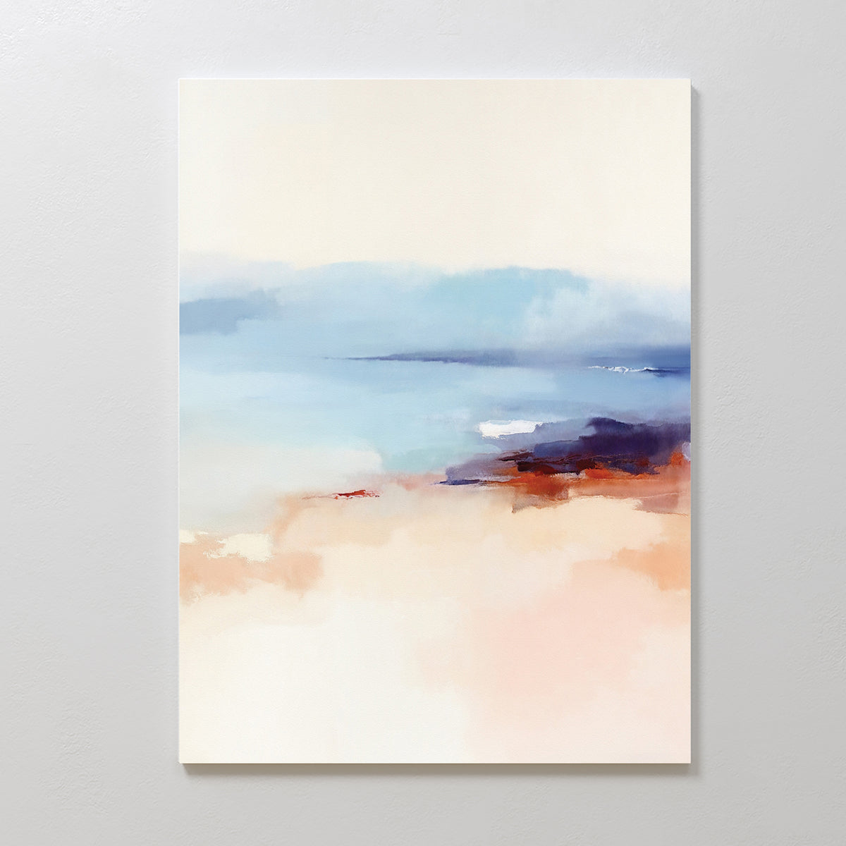 The Windswept Coastline Canvas Art - Vertical features soft pastel blues, white, beige, and orange blending seamlessly to evoke a serene shoreline—ideal as coastal wall art with smooth transitions and blurred edges.