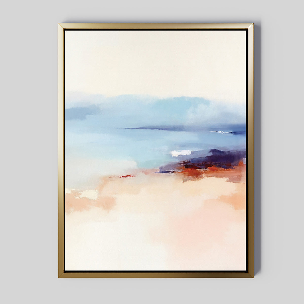 Windswept Coastline Canvas Art - Vertical: Abstract painting in a gold frame with soft blues, pinks, beige, and purple hues—this serene coastal print adds a calm, dreamy touch for fans of coastal wall art.