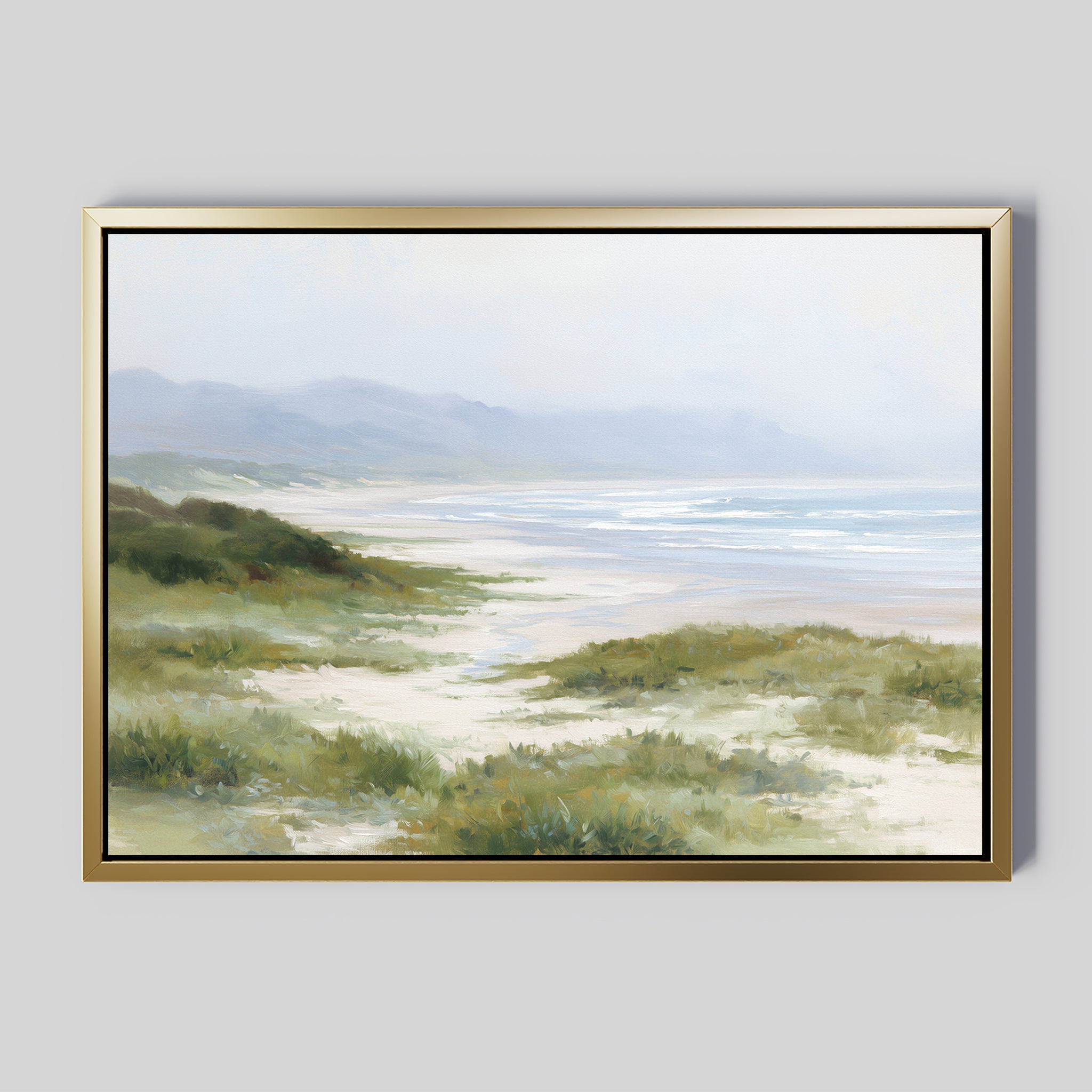 Windswept Dunes Canvas Art - Horizontal features a serene coastal landscape with grassy dunes, a sandy beach, gentle ocean waves, and distant mountains beneath a soft, hazy sky.