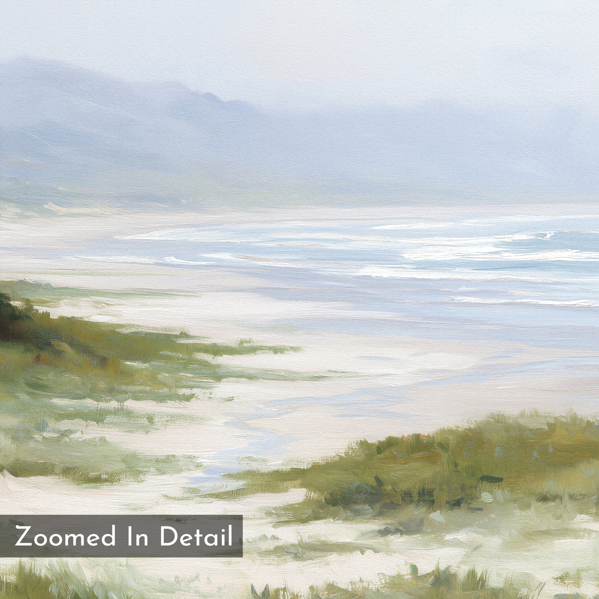 A tranquil beach scene with soft hues features sandy shores, gentle waves, grass-covered dunes, and distant mountains beneath a hazy sky. "Zoomed In Detail" appears in the corner on the Windswept Dunes Canvas Art - Horizontal.
