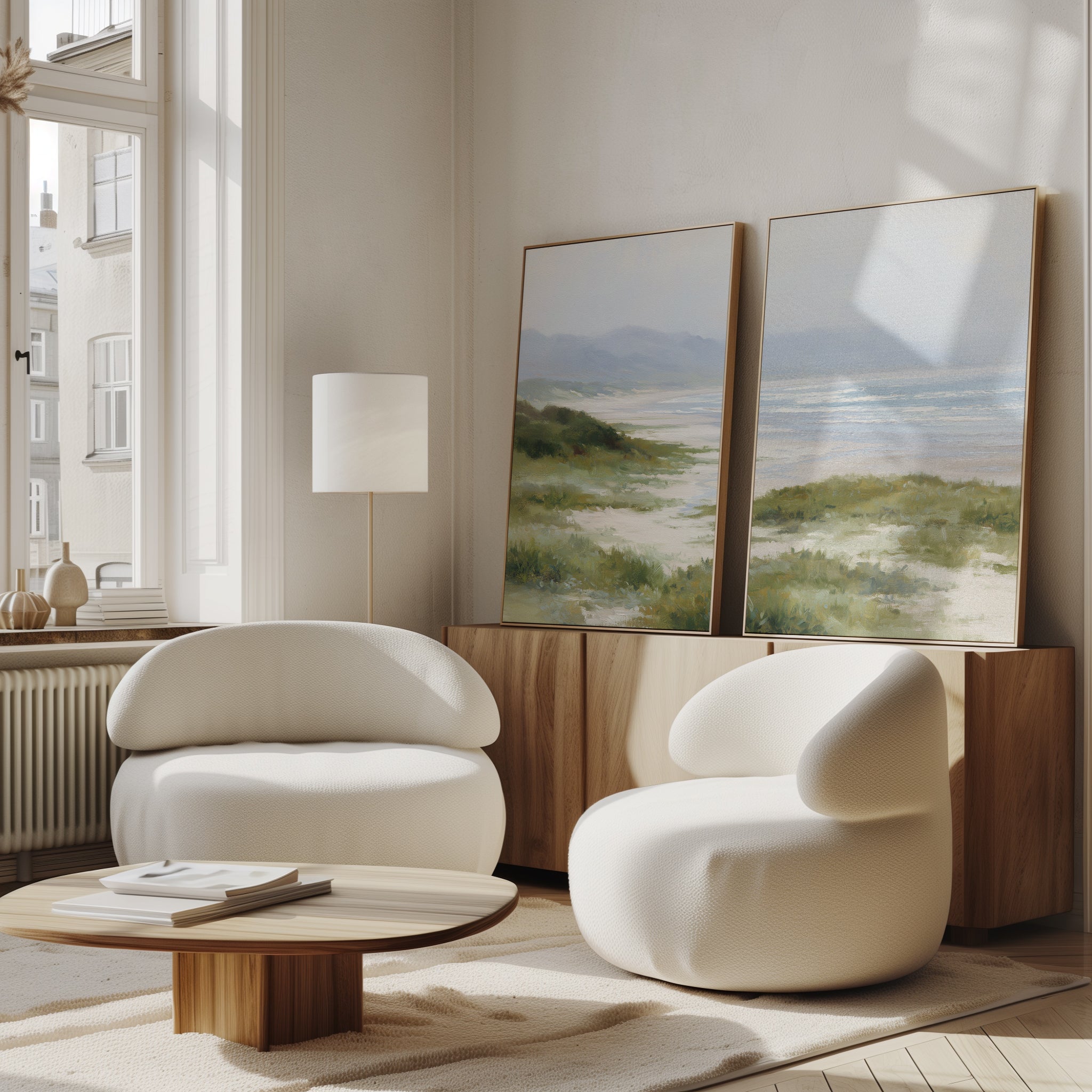 A modern living room with two rounded white armchairs, a low wooden coffee table, floor lamp, and the Windswept Dunes - Set of 2 canvas prints displayed on a wooden sideboard. Sunlight through large windows creates a calming atmosphere.