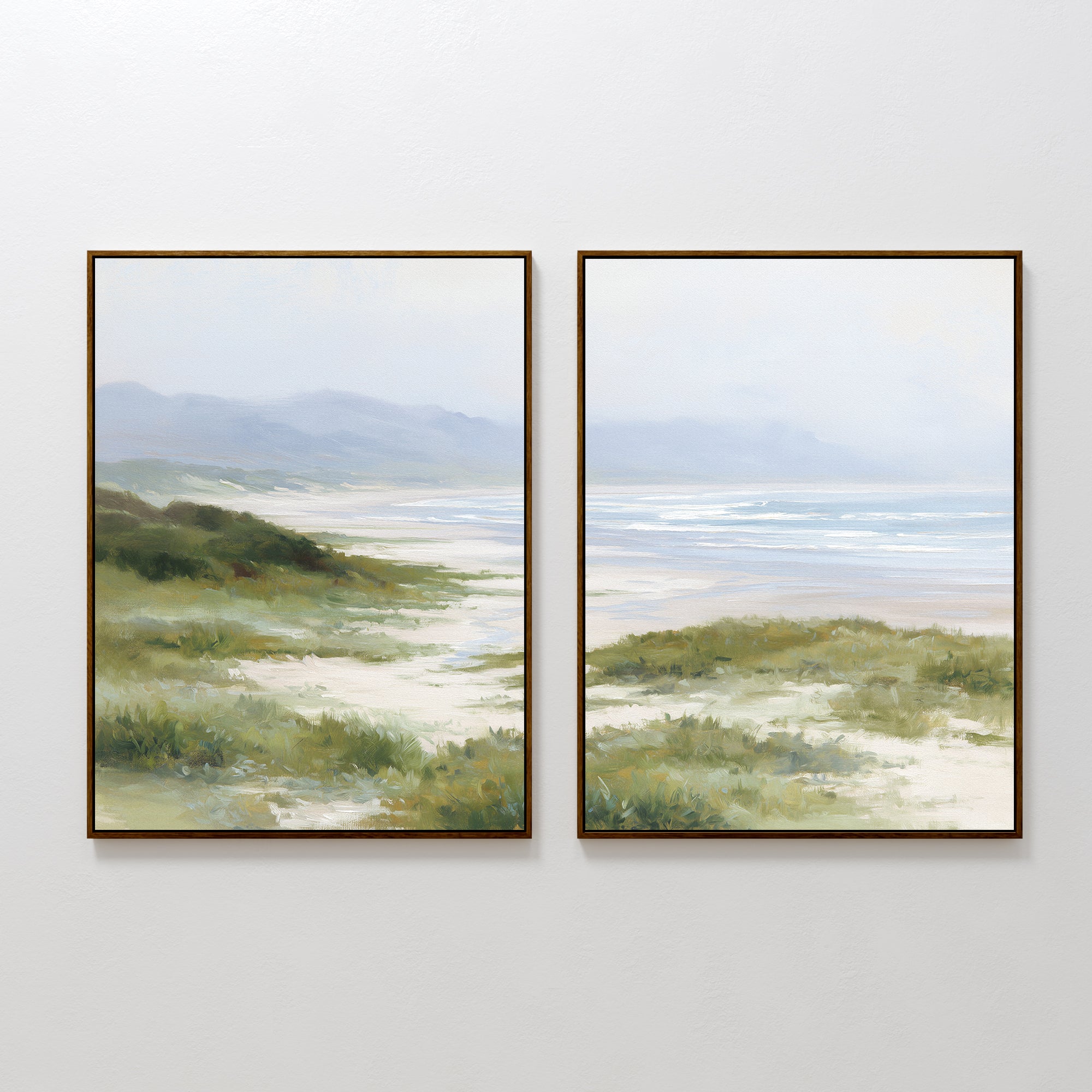 The "Windswept Dunes - Set of 2" features calming coastal scenes with grassy dunes, sandy paths, gentle waves, and distant mountains under a soft sky in muted greens, blues, and sandy tones for a peaceful atmosphere.