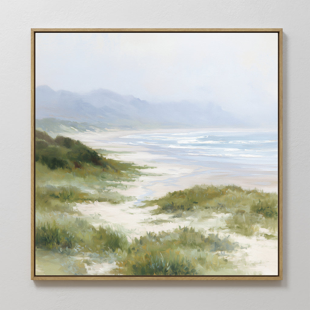 Windswept Dunes Canvas Art - Square features a serene scene of beach and coastal grasslands, creating a calming atmosphere ideal for any space.