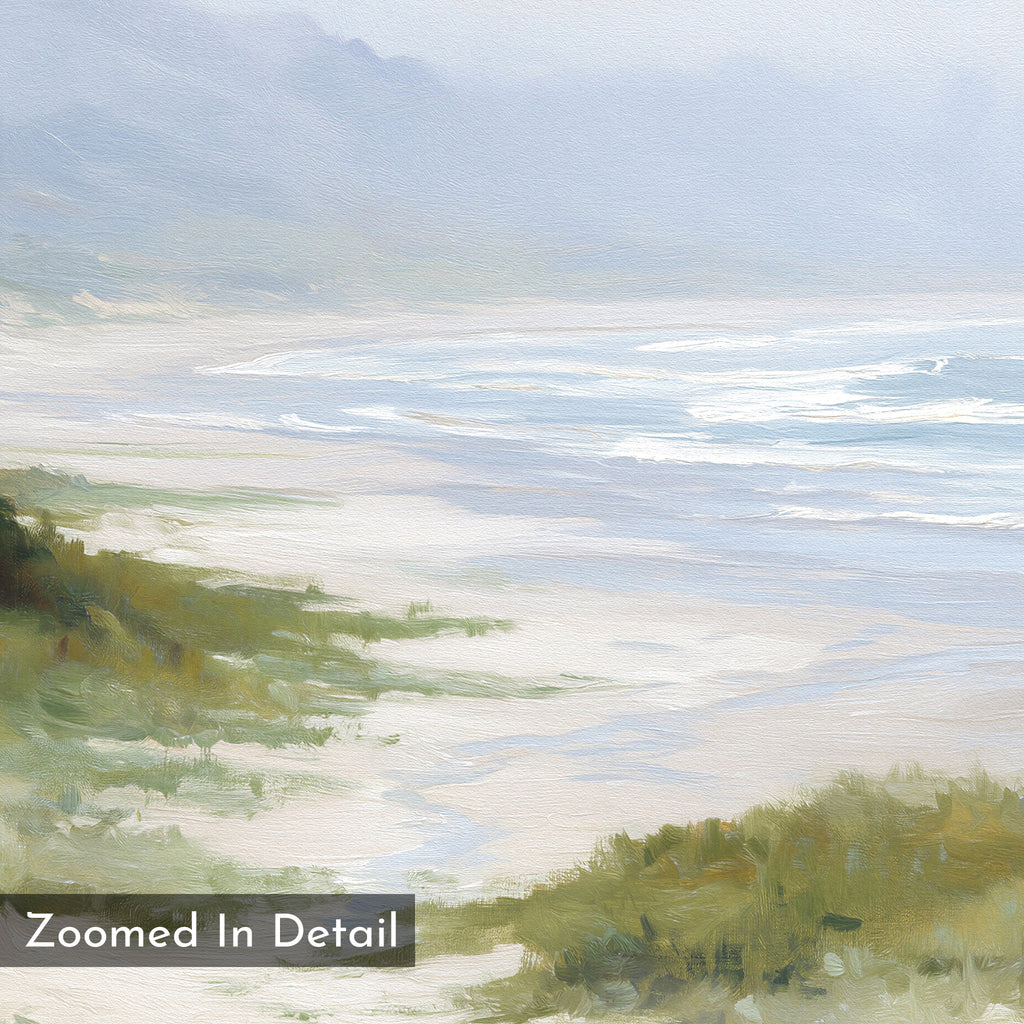 A close-up detail of the Windswept Dunes Canvas Art - Square reveals a misty beach with gentle waves, sandy shore, and coastal grasslands in soft, muted colors. "Zoomed In Detail" appears in the lower left corner.