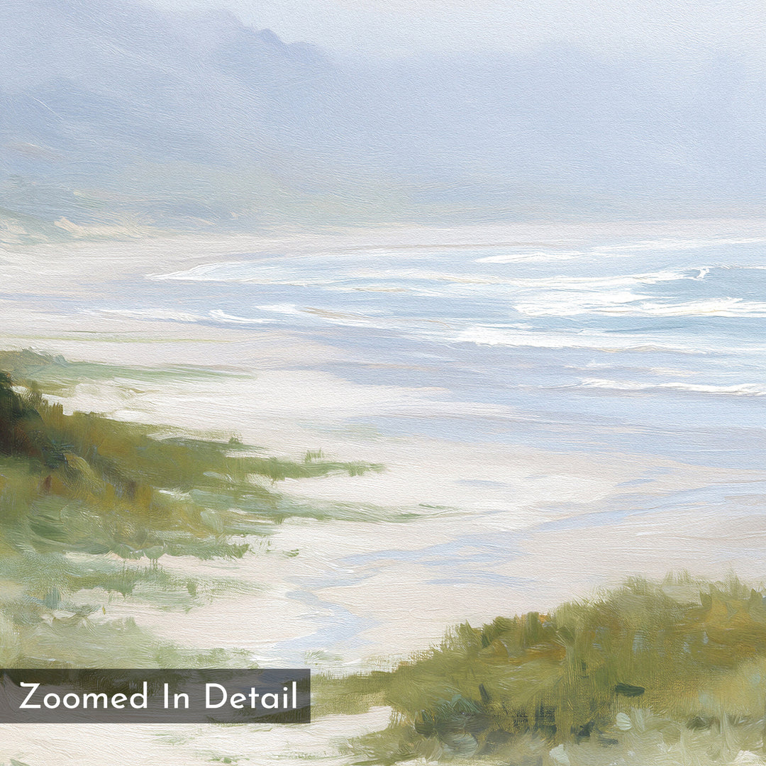 A close-up detail of the Windswept Dunes Canvas Art - Square reveals a misty beach with gentle waves, sandy shore, and coastal grasslands in soft, muted colors. "Zoomed In Detail" appears in the lower left corner.