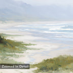 A close-up detail of the Windswept Dunes Canvas Art - Square reveals a misty beach with gentle waves, sandy shore, and coastal grasslands in soft, muted colors. "Zoomed In Detail" appears in the lower left corner.