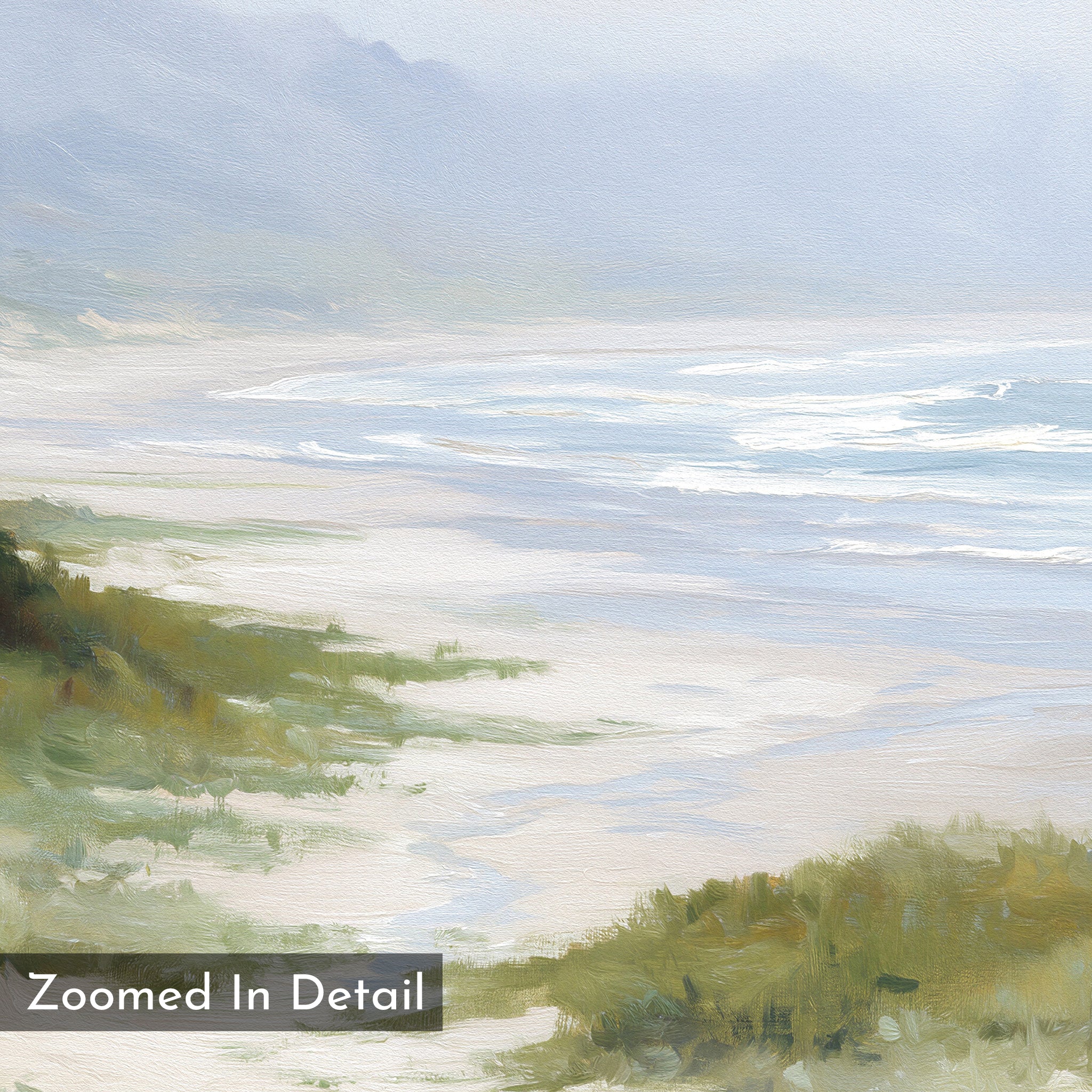 A close-up detail of the Windswept Dunes Canvas Art - Square reveals a misty beach with gentle waves, sandy shore, and coastal grasslands in soft, muted colors. "Zoomed In Detail" appears in the lower left corner.