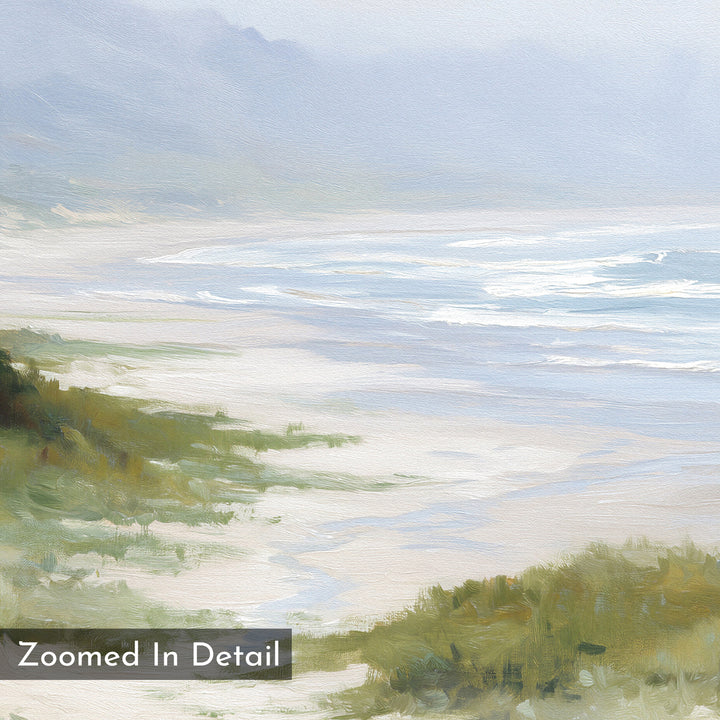 A close-up detail of the Windswept Dunes Canvas Art - Square reveals a misty beach with gentle waves, sandy shore, and coastal grasslands in soft, muted colors. "Zoomed In Detail" appears in the lower left corner.