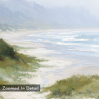 Windswept Dunes Canvas Art - Vertical features a soft, impressionistic coastal scene with gentle waves, sandy shore, green dunes, and misty skies. “Zoomed In Detail” appears in the lower left—ideal calming decor or coastal wall art.