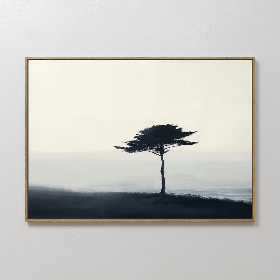 Windswept Solitude Canvas Art - Horizontal features a single wide-canopy tree on a misty landscape with soft blue and gray gradients, perfect minimalist wall art for modern living room decor.
