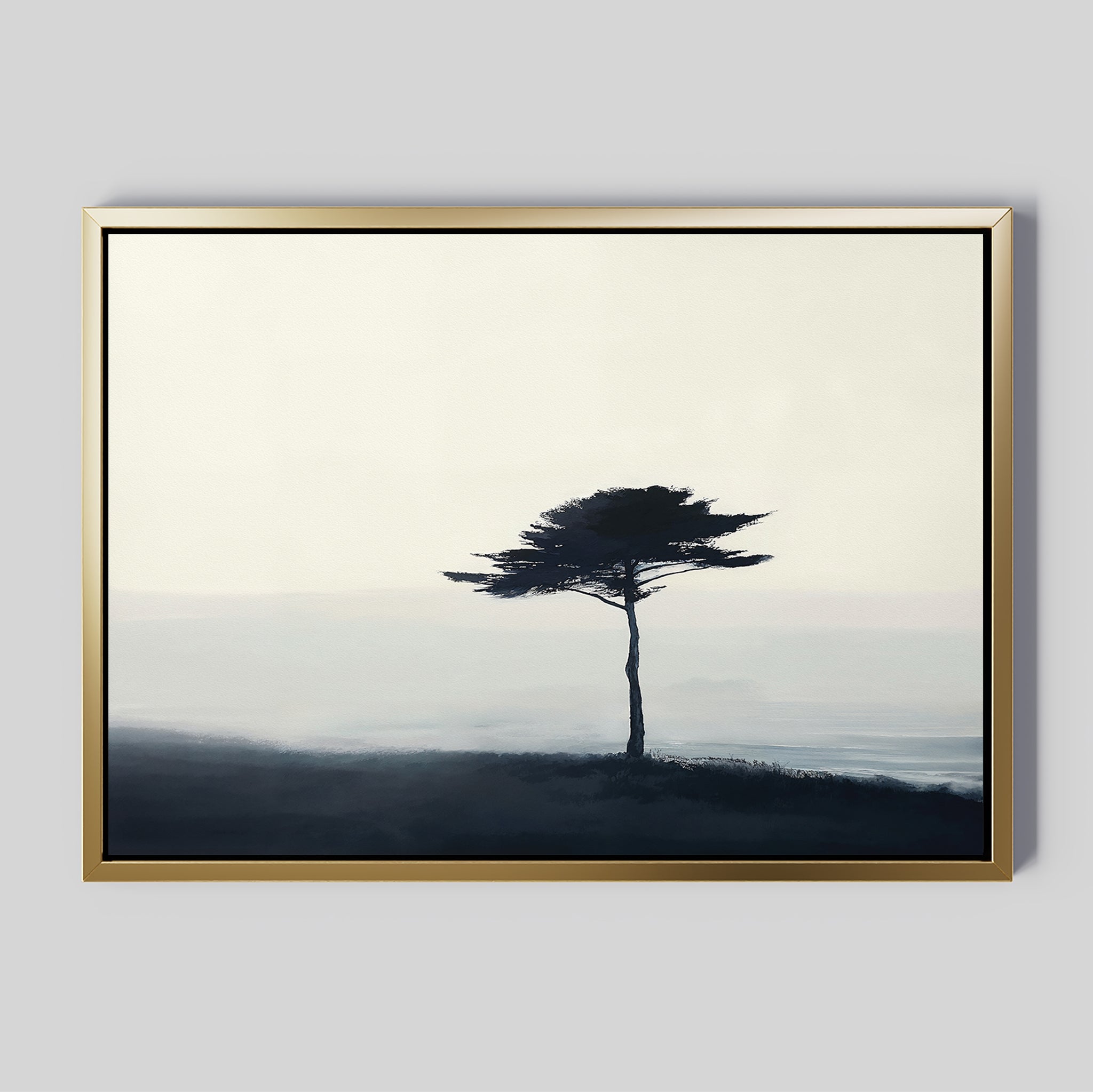 The Windswept Solitude Canvas Art - Horizontal features a minimalist tree design, bringing elegance and serenity to your modern living room decor.