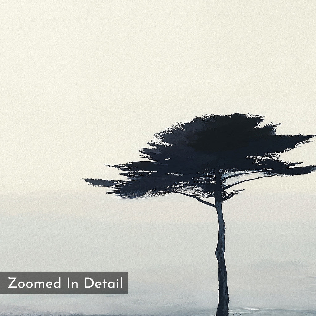 Windswept Solitude Canvas Art - Horizontal features a lone tall, dark tree set against a pale misty backdrop with minimal detail—perfect minimalist wall art for modern living rooms. "Zoomed In Detail" appears in a gray box at the lower left.