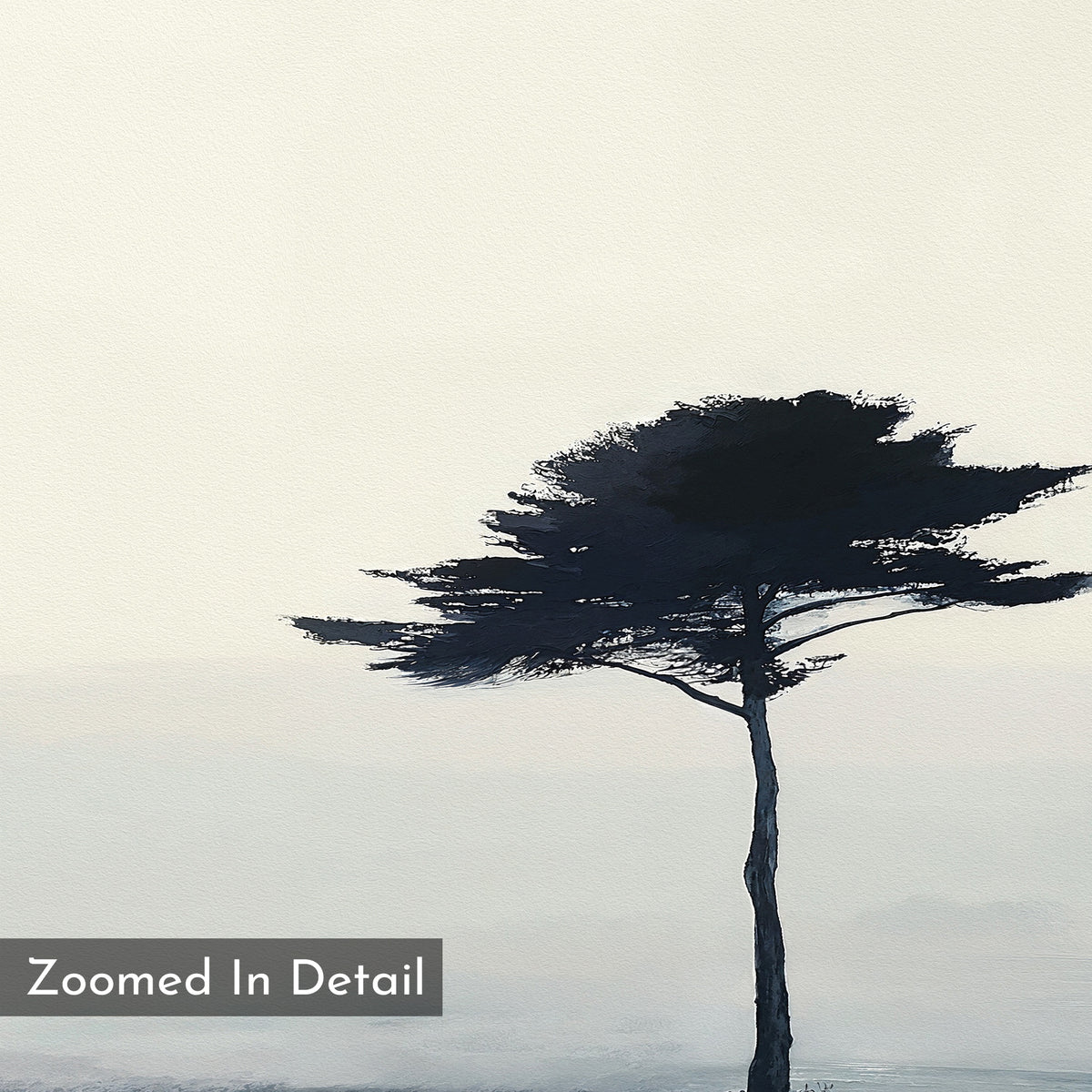 Windswept Solitude Canvas Art - Horizontal features a lone tall, dark tree set against a pale misty backdrop with minimal detail—perfect minimalist wall art for modern living rooms. "Zoomed In Detail" appears in a gray box at the lower left.