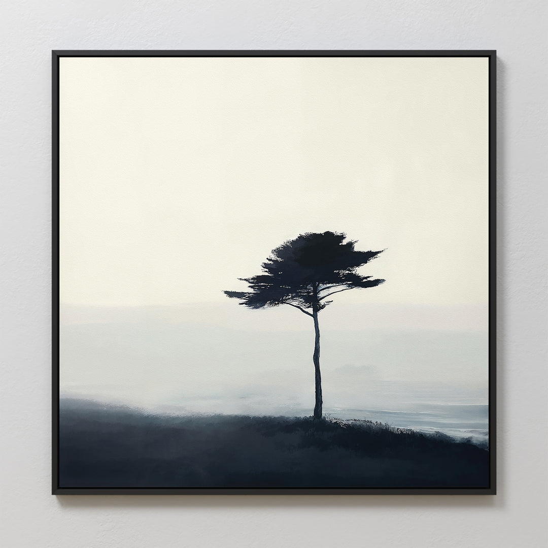 Windswept Solitude Canvas Art - Square features a minimalist painting of a lone tree on a misty hill with sparse foliage, set against a pale background and framed in black—ideal modern wall art for your living room decor.