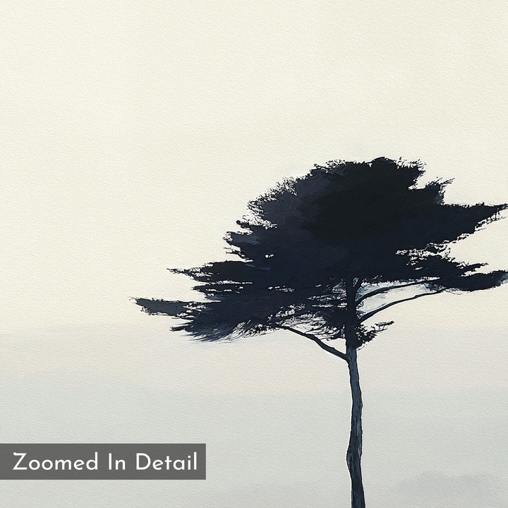 A minimalist image of a tall, dark tree with sparse branches on a pale background, features the text "Zoomed In Detail"—the Windswept Solitude Canvas Art - Square, perfect as moody decor for modern living rooms.