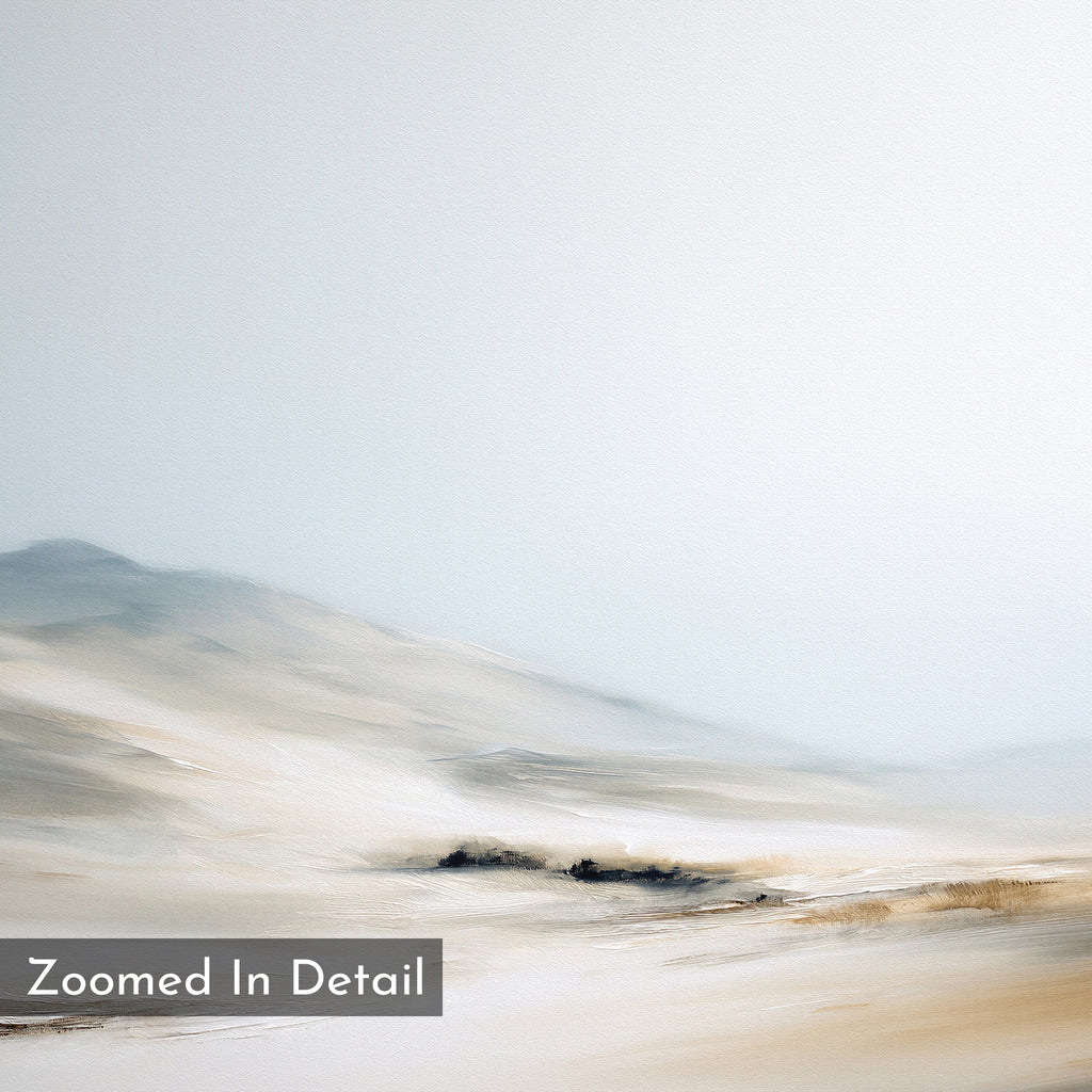 Winter Plains Canvas Art - Horizontal showcases a soft, abstract landscape in muted beige and gray tones with distant hills and a hazy sky. A gray box in the bottom left corner displays "Zoomed In Detail" text for added interest.