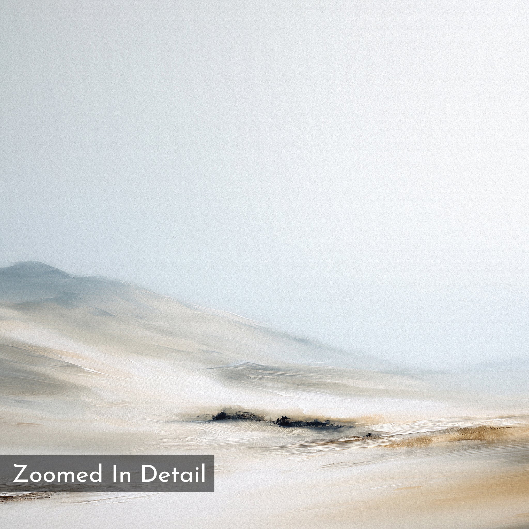 Winter Plains Canvas Art - Horizontal showcases a soft, abstract landscape in muted beige and gray tones with distant hills and a hazy sky. A gray box in the bottom left corner displays "Zoomed In Detail" text for added interest.