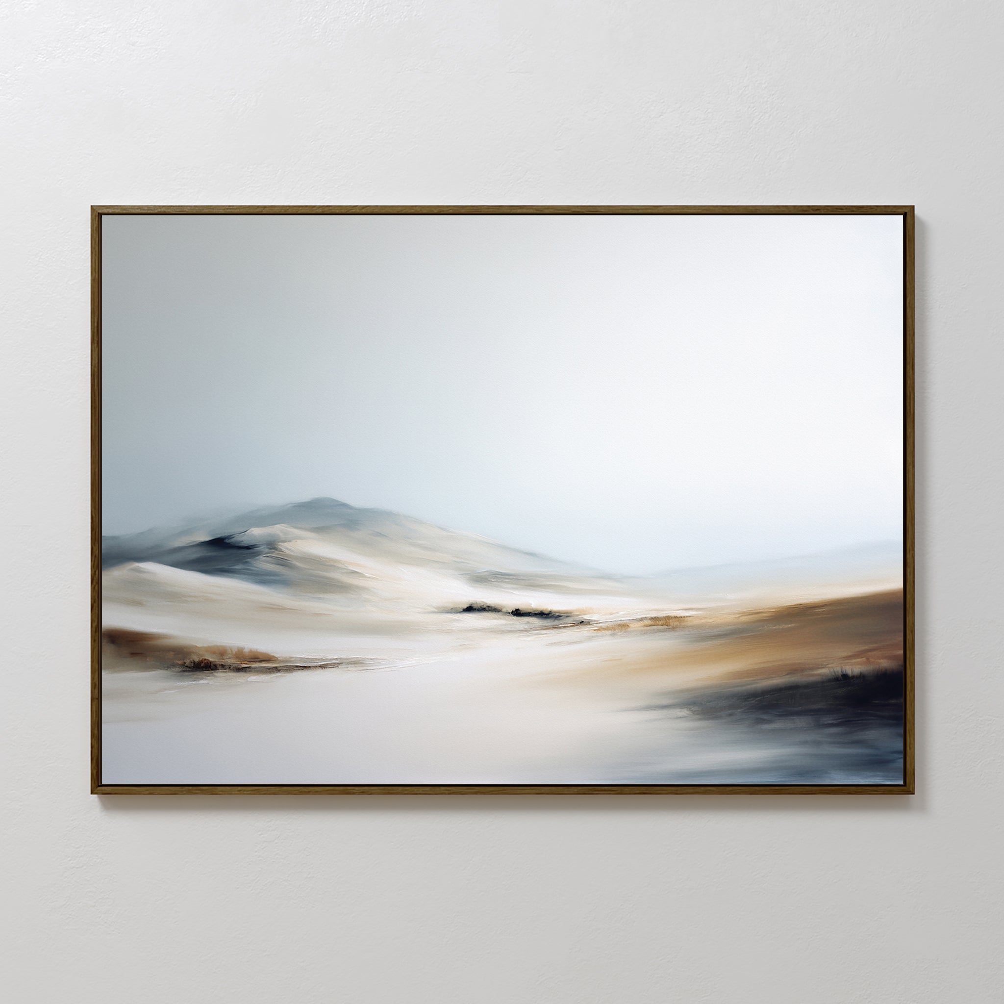 The Winter Plains Canvas Art - Horizontal is a serene abstract wall piece showcasing gentle sand dunes beneath a pale sky, with subtle blends of beige, white, gray, and light brown for a tranquil touch to any space.